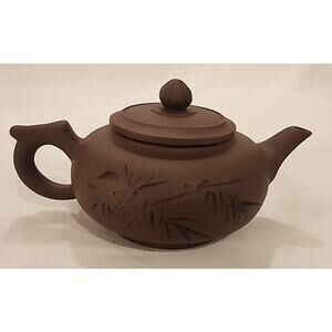 Yixing‑Style Zisha Clay Teapot w/ Lid– Bamboo Carved– 6.5" – Chinese Clay Teapot